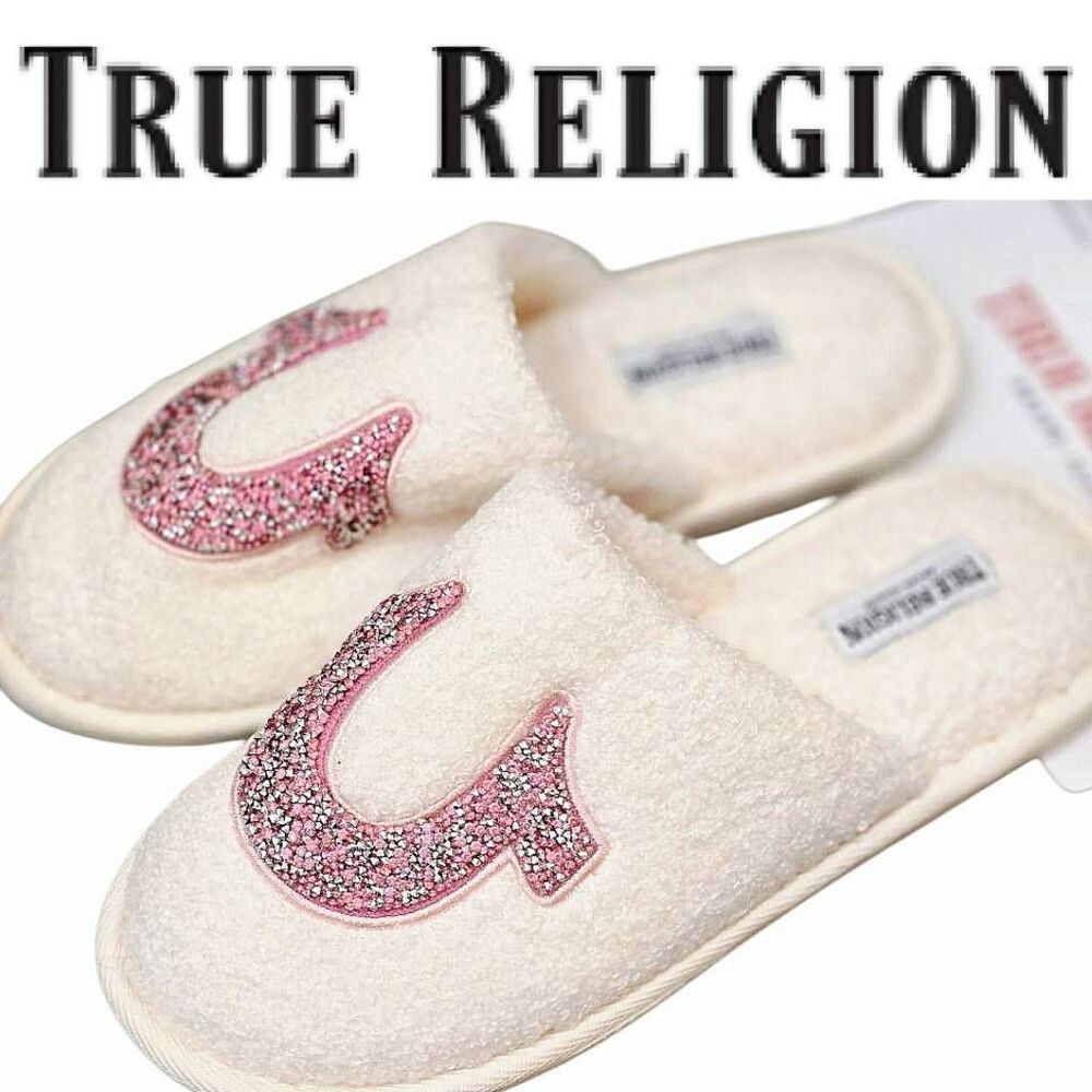 True Religion Rhinestone‎ Horseshoe Logo Plush Slippers- Pink/Silver